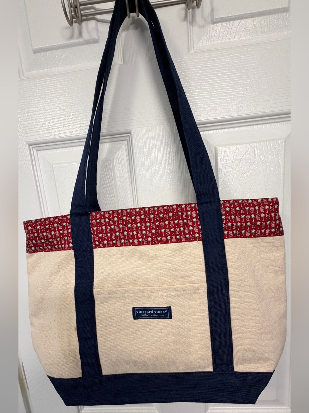 Vineyard Vines Cream Canvas Tote with Navy Straps and Red Trim